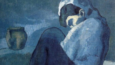 Pablo Picasso 1902 03 Femme accroupie Crouching Woman Woman Sitting with Hood oil on canvas 90 x 71 cm Staatsgalerie Stuttgart بلا أوراق - (نصوص هايكو) صلاح الدين أيت عبد الله